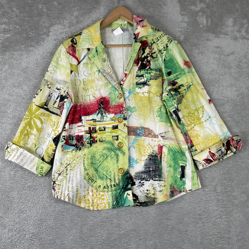 Sharon Young Jacket Womens Large Green Art To Wear Novelty Print‎ Blazer